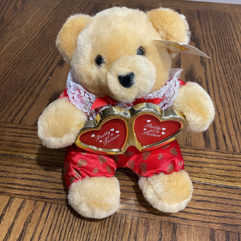 Teddy Bear red gold hearts lace collar + double heart picture frame Valentine